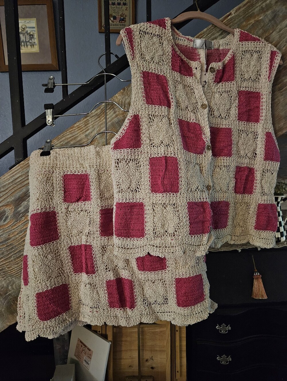 Crochet Two-Piece Top & Skirt Set - Cream with Fuchsia Squares